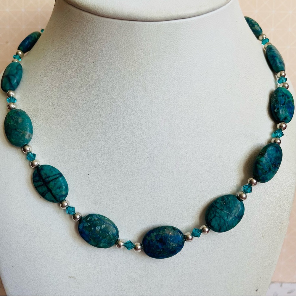 Artisan Chrysocolla Oval Bead Necklace - Blue-Green Gemstone Necklace 17”